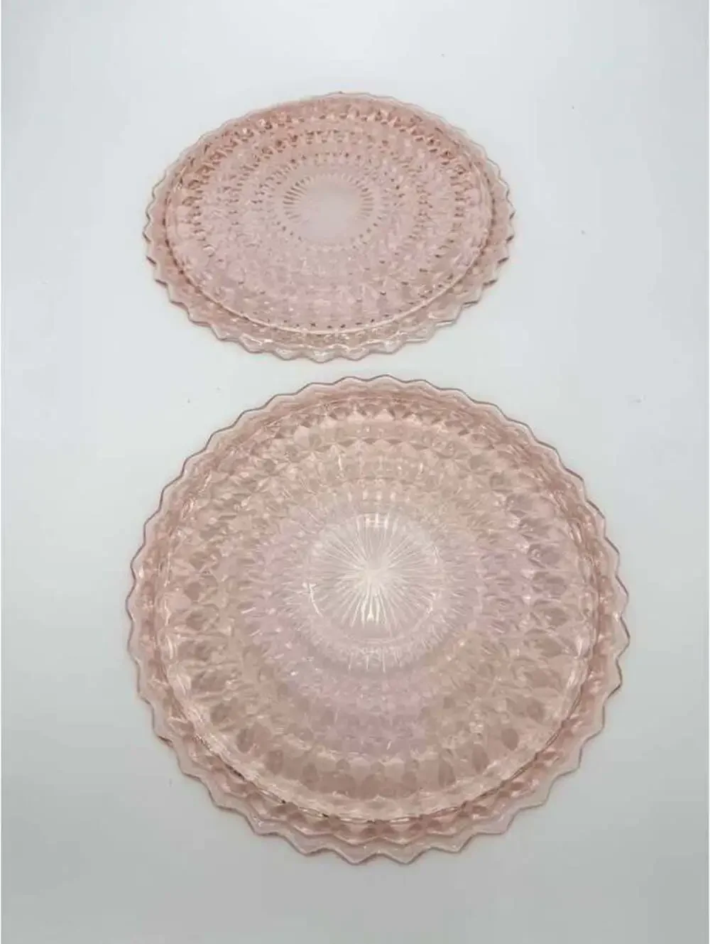 2 Vintage Jeannette Holiday Buttons & Bows Pink Glass Plates 10.25”